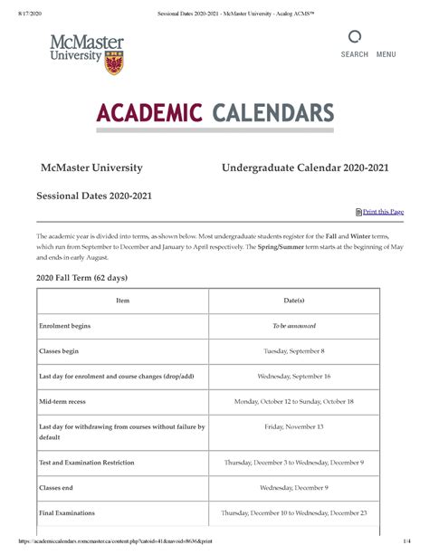 View event details. . Mcmaster sessional dates